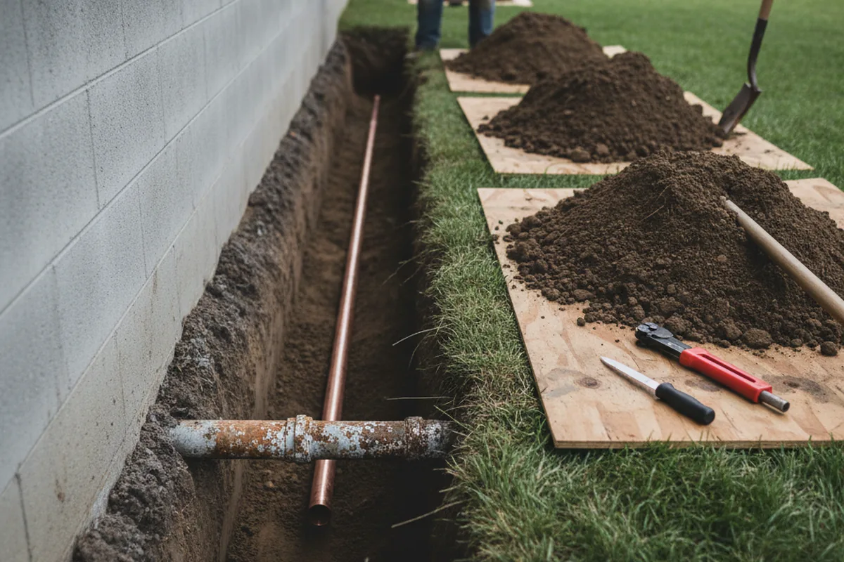 Excavated water line trench during Sewer Line Repair in Massillon
